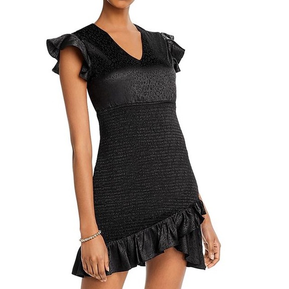 Aqua NWT Tonal Leopard Print Flutter Sleeve Asymmetrical Mini Dress Black M New - Picture 8 of 8